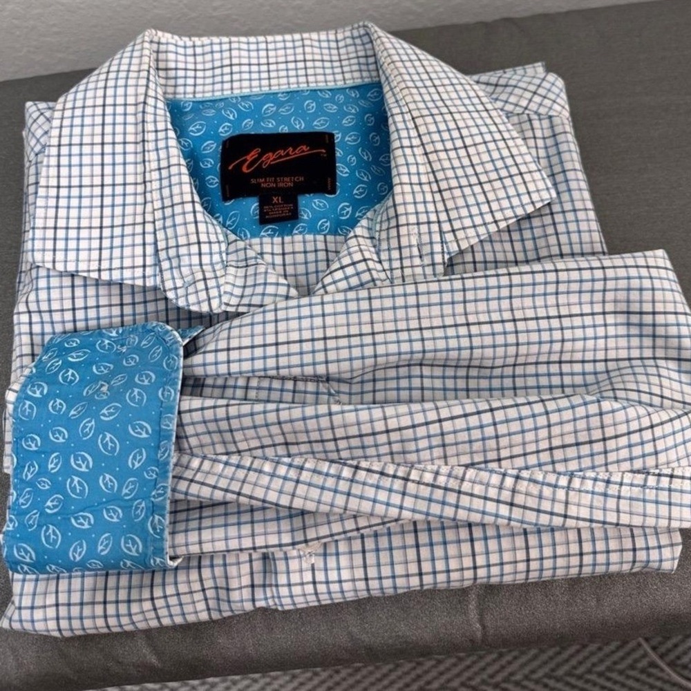 Egara Shirt Mens XL Blue White Checkered Long Sleeve Button‎ Up Contrasting Cuff
